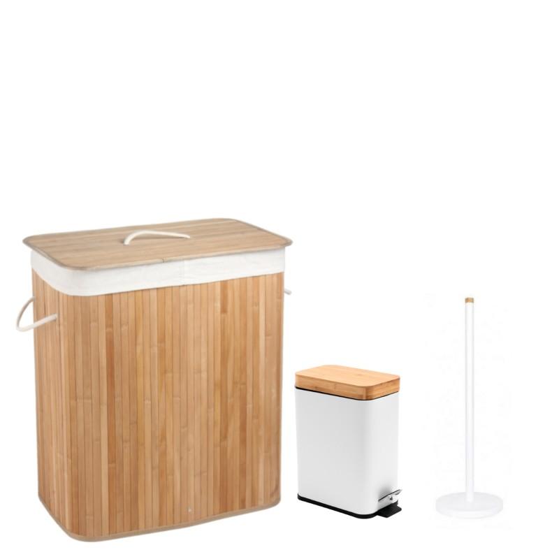 Zestaw łazienkowy 3-elementowy - kosz na śmieci, kosz na pranie i stojak na papier - biały bambus - Yoka